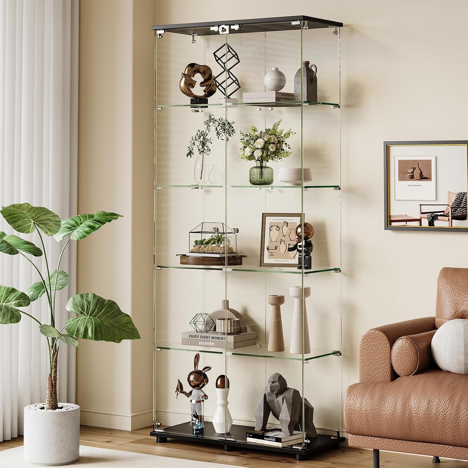 ROOMTEC Glass Display Cabinet with 5 Shelves, Double Doors, Floor Standing Display Cage, for Living Room Bedroom Office, 74.5 x 31.7 x 14.3 in, Black