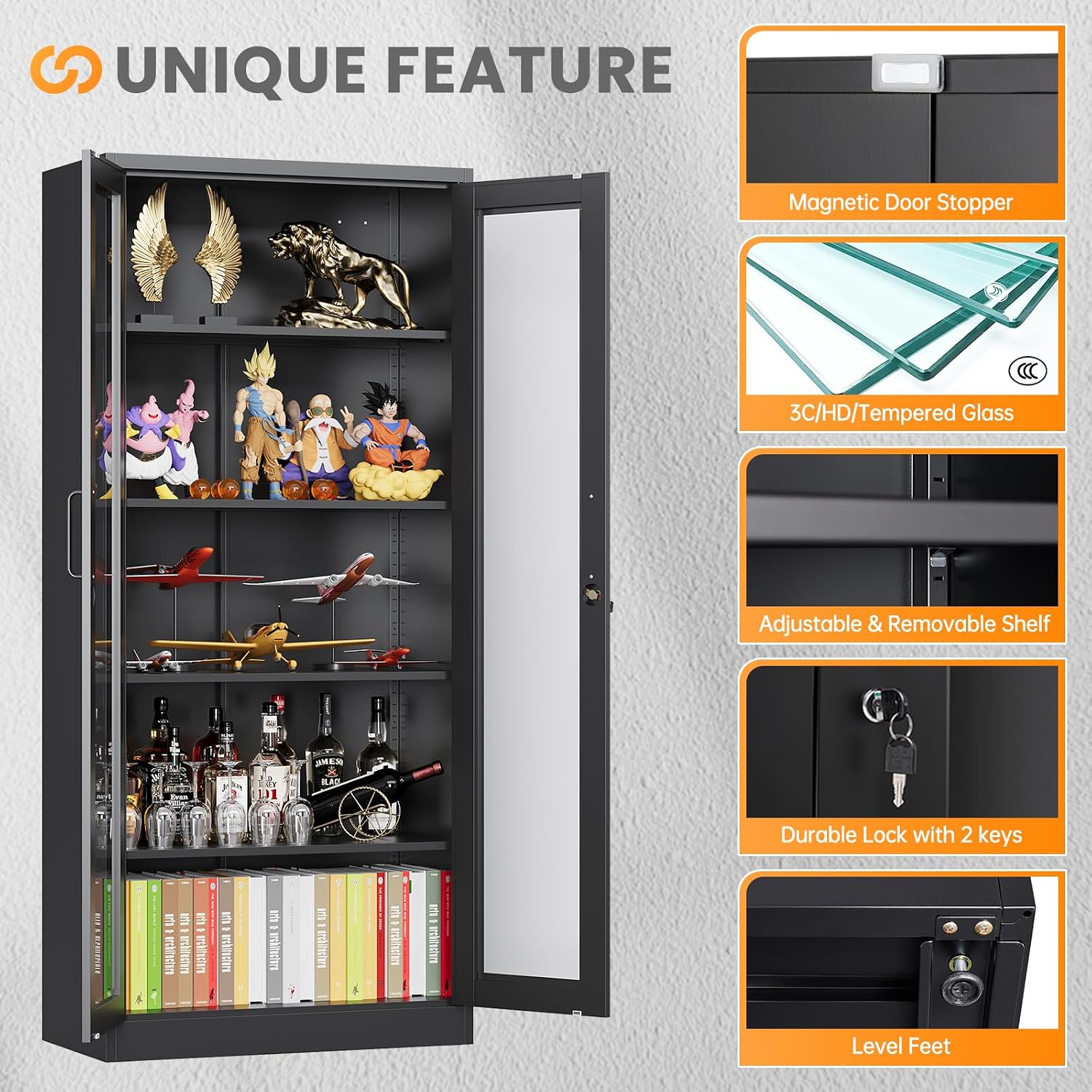 Locking Display Cabinet with Glass Door, 71'H Metal Curio Cabinets with Adjustable Shelves, Black Liquor Caninet Display Case for Living Room, Collectibles, Clinic, Home - Assembly Required