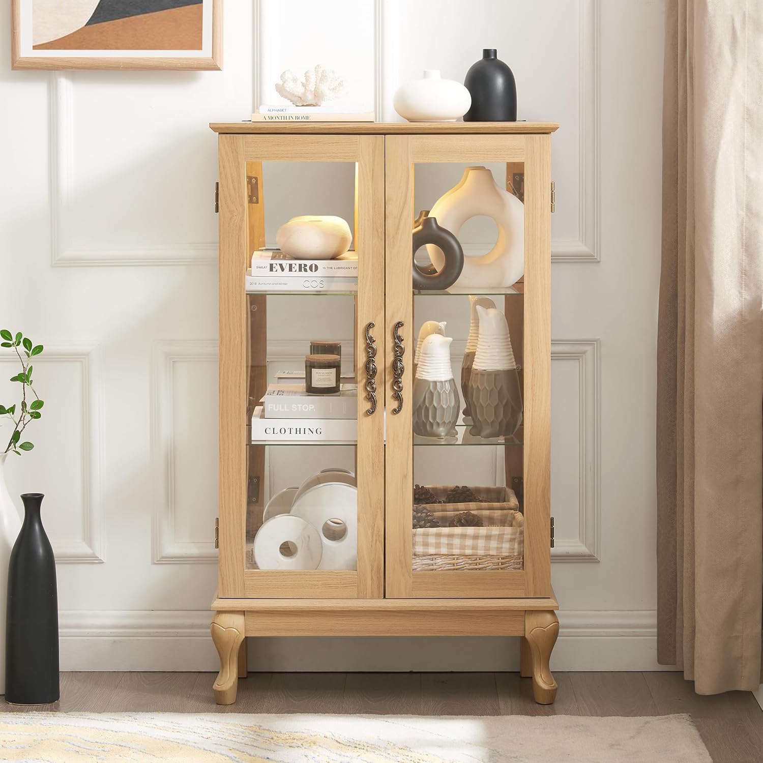43'H Lighted Display Curio Cabinet, 3-Tier Glass Accent Storage Cabinet Curio Showcase w/ 2 Doors & Adjustable Shelves, Wine Artwork Storage Rack w/ Mirrored Back Panel for Living Room (Light Oak)