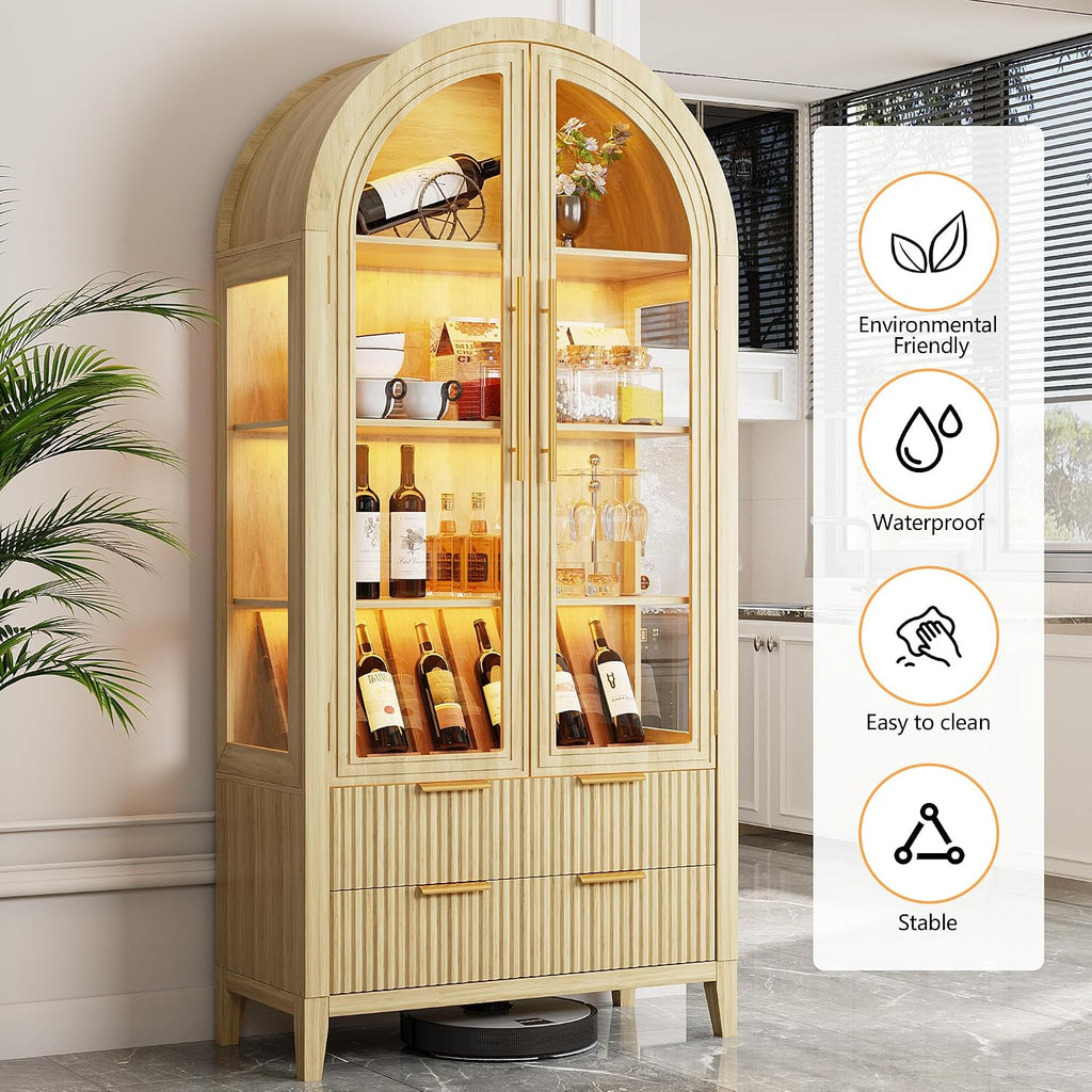 LVSOMT 71' Tall Arched Storage Cabinet with Glass Doors and Drawers, Curio Display Cabinet with Adjustable RGB Light & Human Sensor, 4-Tier China Cabinet for Living Room(Wood)