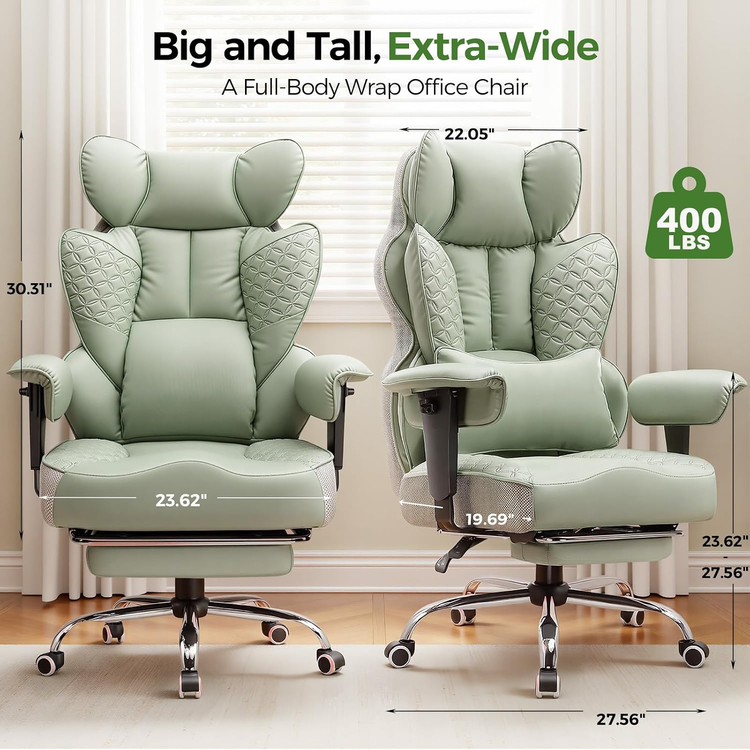 GTPLAYER Big and Tall Gaming Chair 400lbs Heavy Duty Office Chair with Foot Rest & Ergonomic Pocket Spring Lumbar Support, High Back 3D Saddle Shaped Cushion for Back Pain Relief, Green