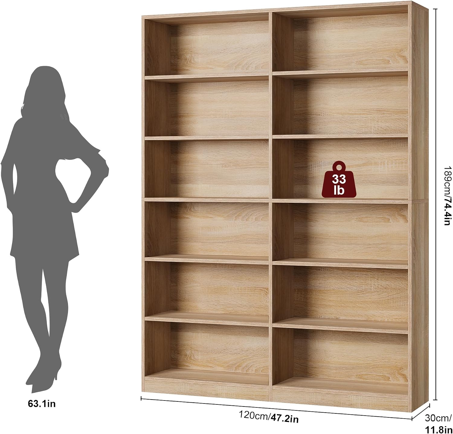 FACBOTALL Bookshelf and Bookcase, 6-Tier Double Wide Bookshelves,Freestanding Display Storage Shelves, Tall Bookcases for Home Decor Bedroom, Living Room, Home Office, Light Oak