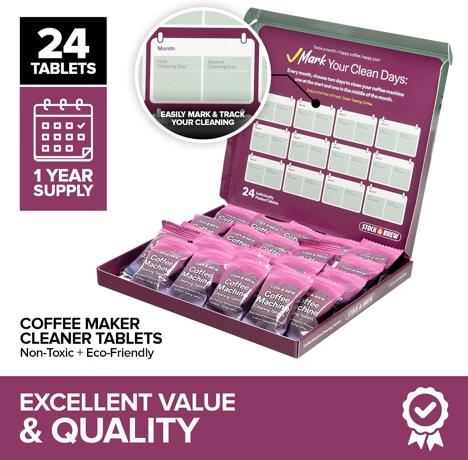 Stock and Brew Coffee Maker Cleaner Tablets (1152 Count), One Year Supply Descaler for Espresso, Drip and Pod Machines, Removes Residue and Improves Taste
