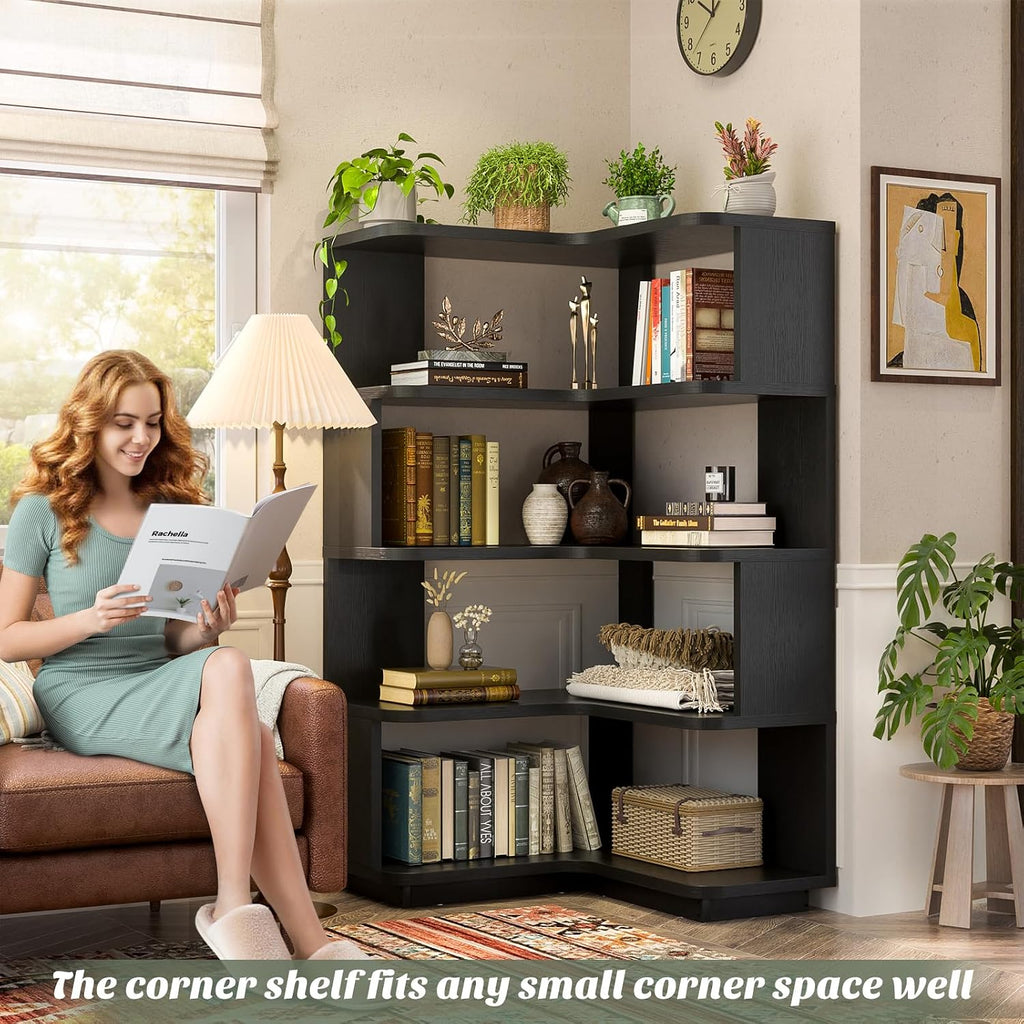Armocity Corner Book Shelf - 5 Tier Corner Bookshelf Etagere Bookcase with Baffle, Freestanding L Shaped Display Shelf Stand for Home Office, Living Room, Bedroom, Kitchen, Black