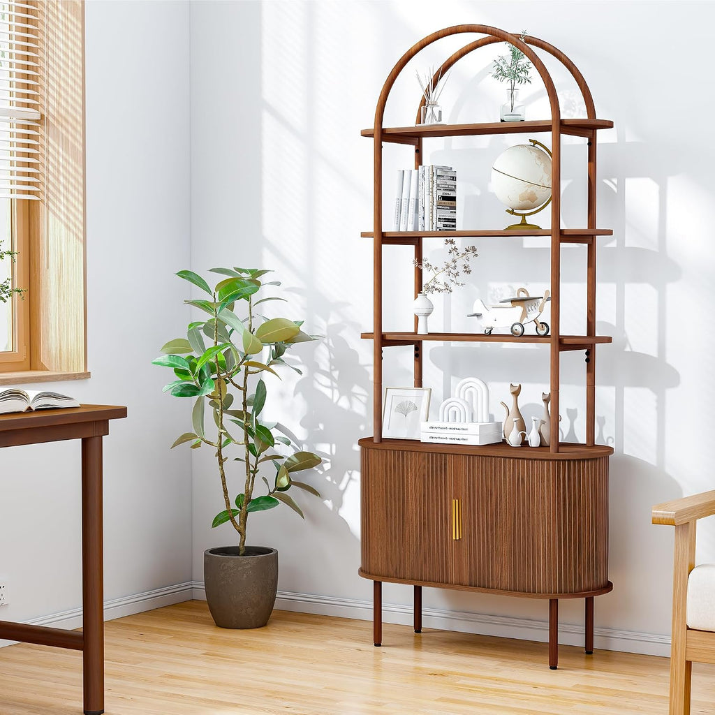 Turtle&Myrtle Tall Arched Bookshelf, Mid Century Modern Fluted Bookcase Cabinet with Sliding Doors, Curved Metal Frame Bookcase, Industrial Storage Display Shelving for Living Room, Bedroom (Walnut)