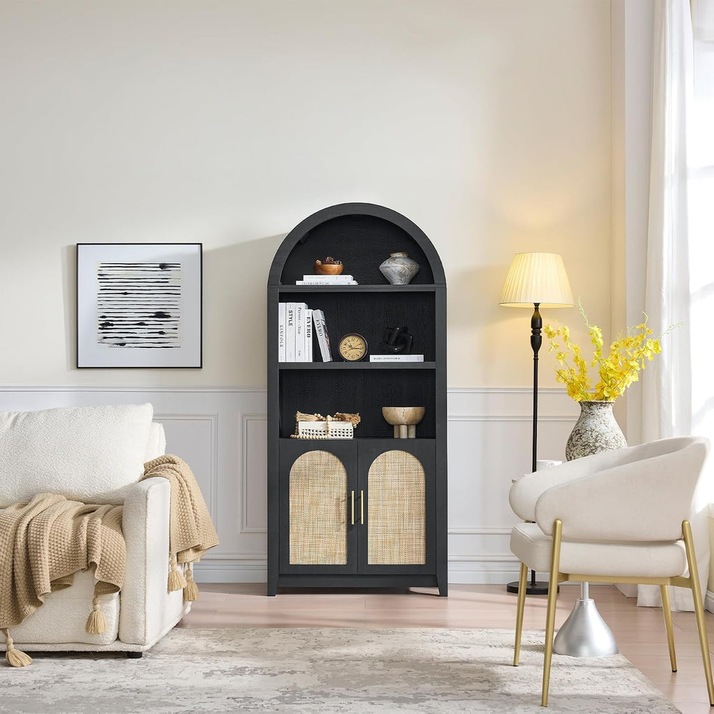 RowyPoey Rattan Arched Cabinet Bookshelf - 69.3' Tall Mid Century Display Cabinet, Rounded Bookcase with Rattan Doors, Open Shelf Storage for Dining Room (Black, 2 PCS)