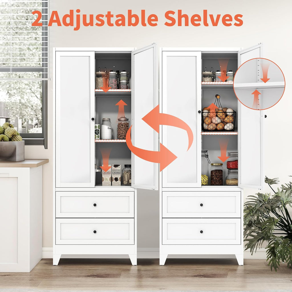 72' Metal Storage Cabinet with 2 Doors and 2 Drawers,White Kitchen Pantry Cabinet,Large Steel Cupboard Utility Cabinets for Kitchen,Living,Dining Room,Bathroom,Assembly Required