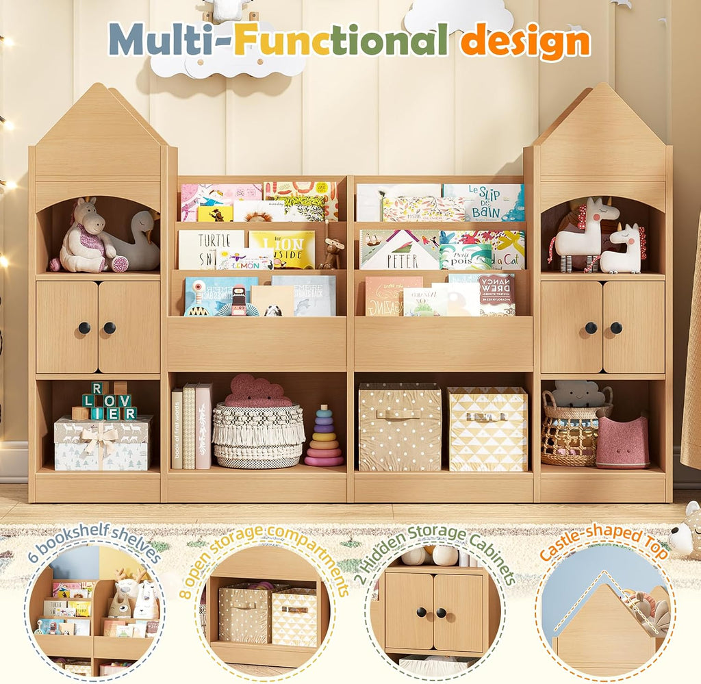 Vabches Castle Shape Children's Bookshelf, Kids Bookcase Display Case Kids Toy Storage Organizer Multifunctional Storage Cabinet Bookshelf Suitable for Playroom, Children's Room, Living Room, Oak