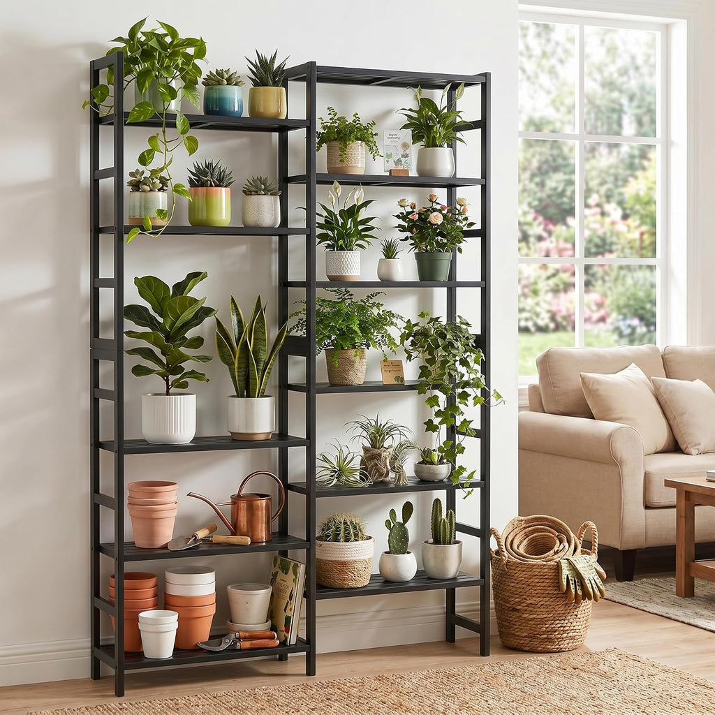 Homykic Double Wide Bamboo Bookshelf Black, 6-Tier Large Open Bookcase with 12 Display Shelves, 6ft Tall Freestanding Book Shelf for Home Office, Bedroom, Living Room, Plants