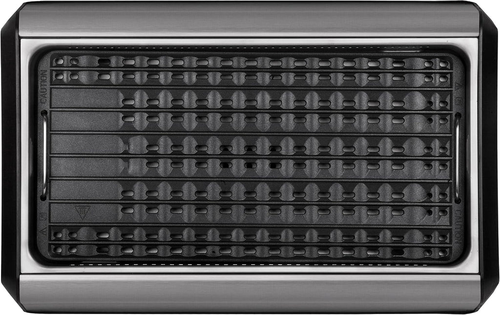 Indoor Smokeless Grill 1500W with Smart LED Touch Screen, Tempered Glass Lid, 2 Removable Ceramic Nonstick Grill & Griddle Plate, in a Modern Stainless Steel Design.