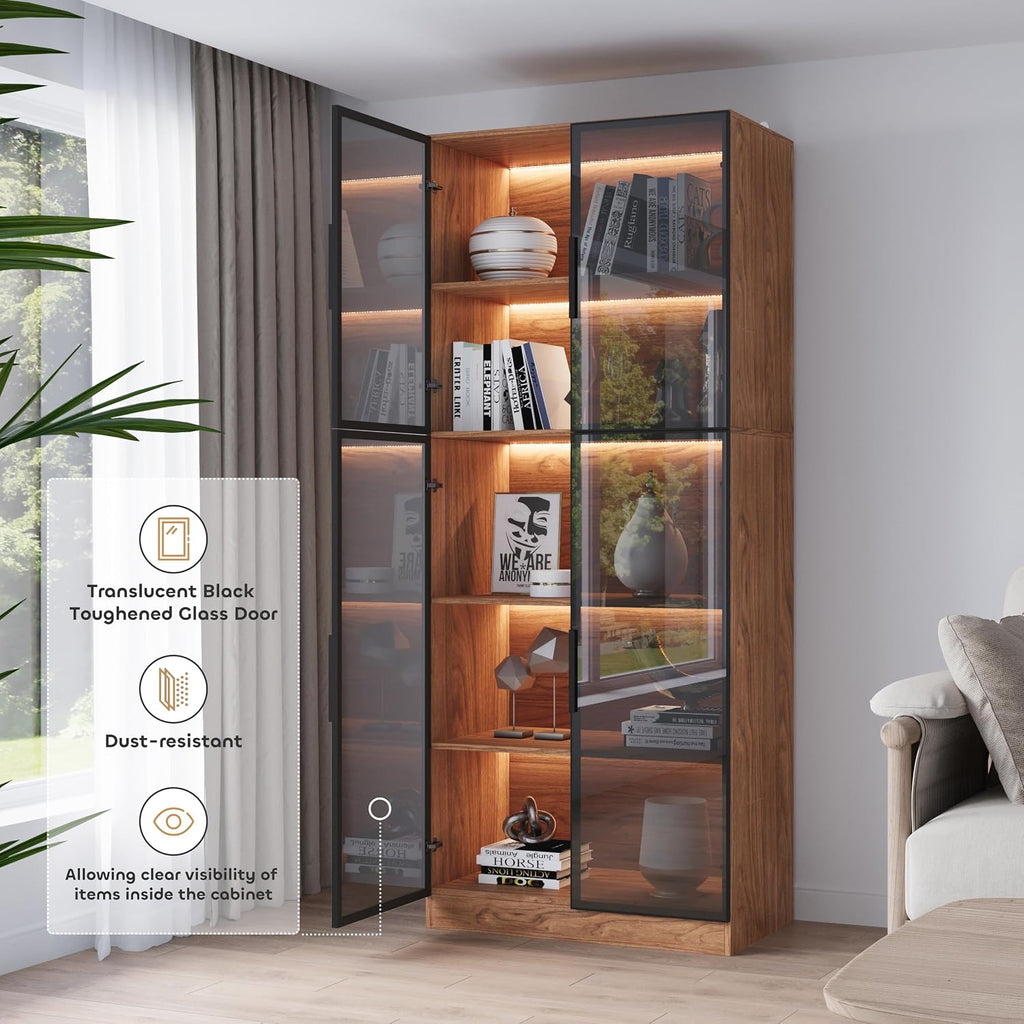 Mekminop Modern Display Storage Cabinet with LED Lights, Glass Door Tall Showcase with 5-Tier Shelves for Collectibles, Books, Wine, Curio Cabinet for Home Office Living Room Bedroom, Walnut