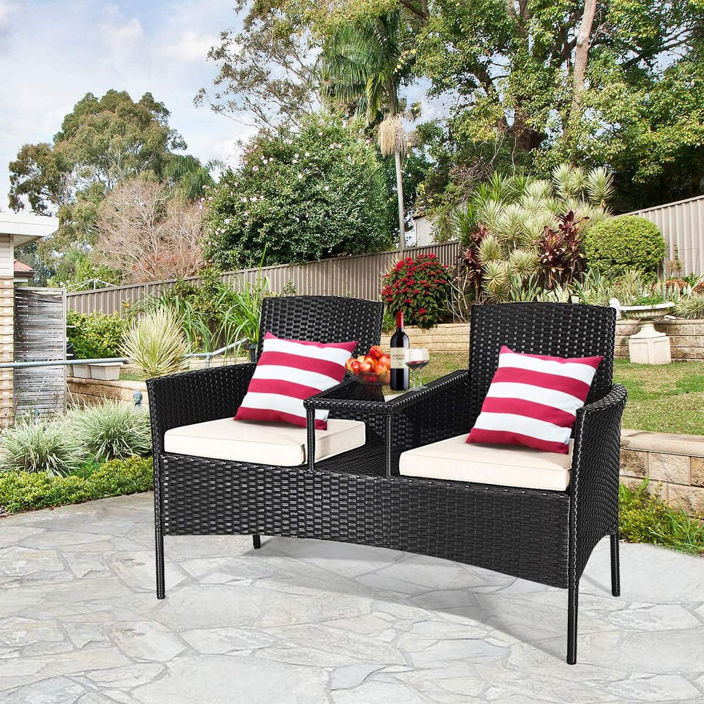 Tangkula Wicker Patio Conversation Furniture Set, Outdoor Furniture Set with Removable Cushions & Table, Tempered Glass Top, Modern Rattan Bench for Garden Lawn Backyard (White)
