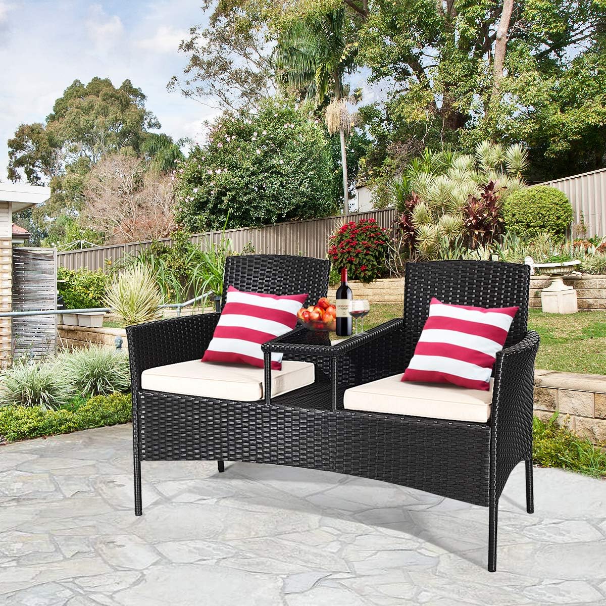 Tangkula Wicker Patio Conversation Furniture Set, Outdoor Furniture Set with Removable Cushions & Table, Tempered Glass Top, Modern Rattan Bench for Garden Lawn Backyard (White)