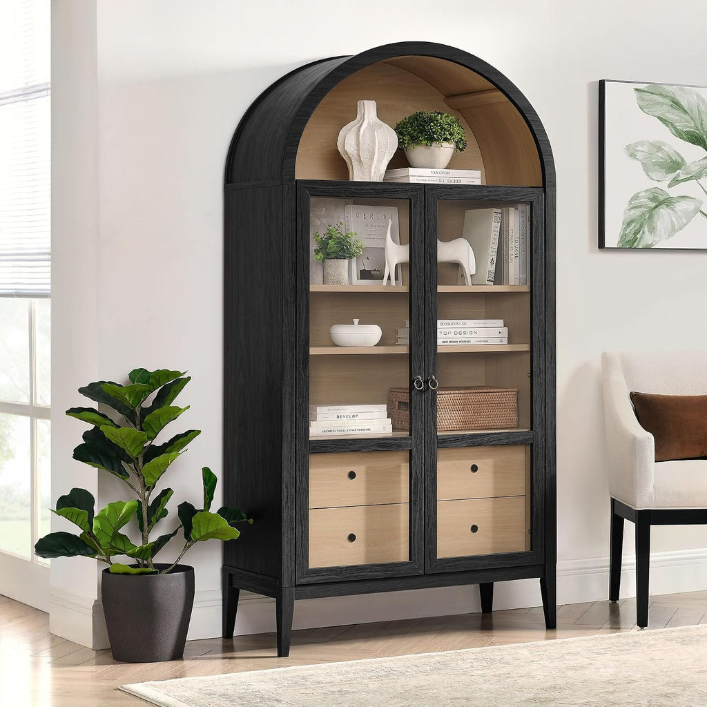 Modway Nolan Tall Arched Storage Display Cabinet in Black Oak - 74 Inch Arch Bookshelf with Glass Doors, Shelves and Drawers - Modern Accent Cabinet for Living Room, Dining Room