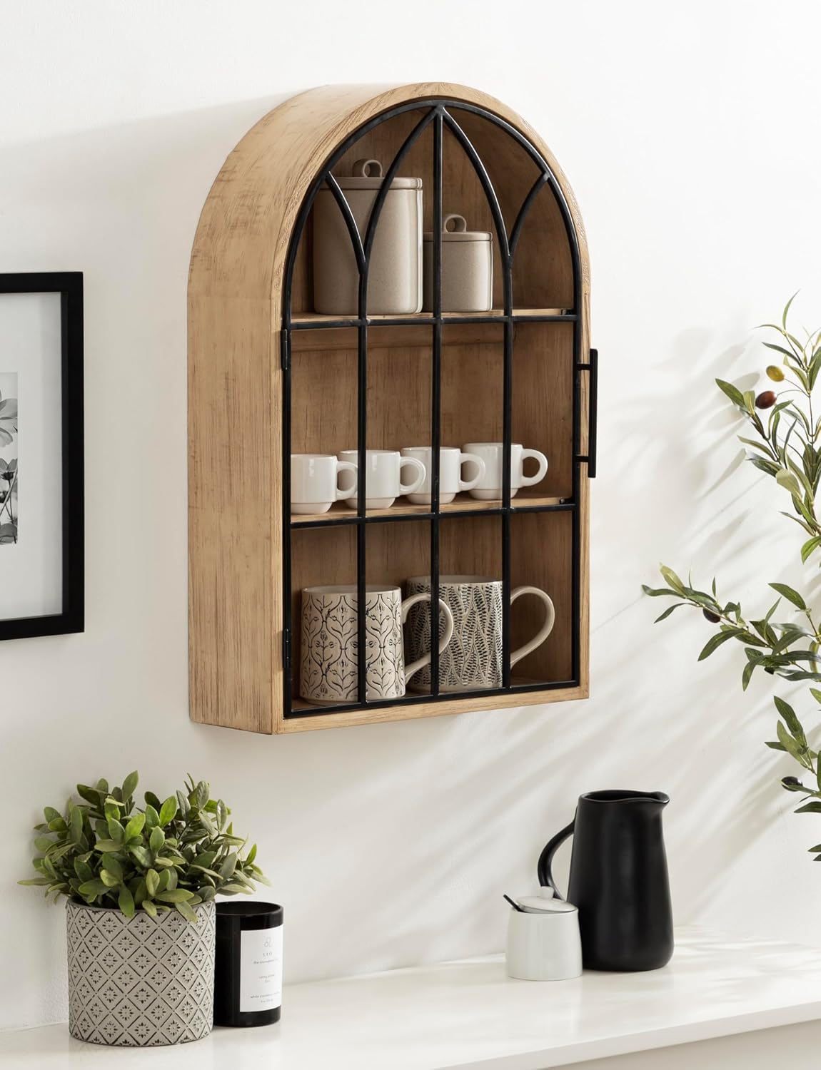 Kate and Laurel Megara Decorative Wooden Hanging Arched Wall Cabinet with Door for Open Storage; 16 x 5 x 24; Natural Wood and Black; Wooden Floating Wall Bathroom Cabinet for Above Toilet Storage