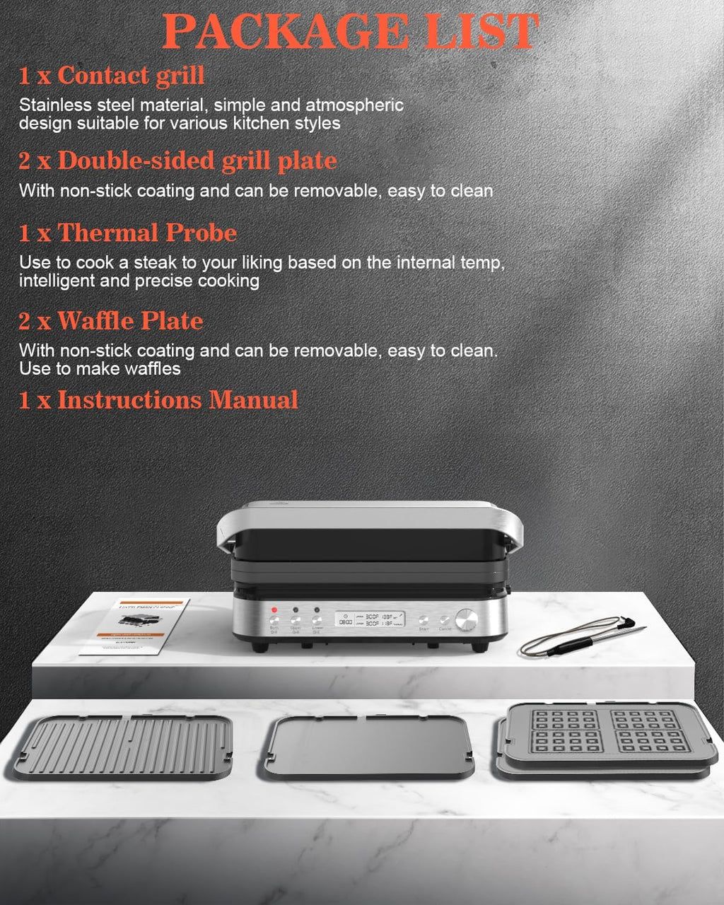 CATTLEMAN Panini Press Grill Sandwich Maker with Removable Plates, 1600W, 6 in 1 Indoor Grill with Meat Thermometer, Electric Contact Grills for Kitchen, Stainless Steel