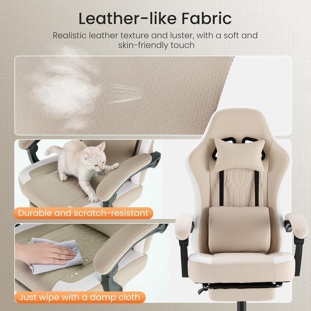NEWBULIG Gaming Desk Chair - High Back Computer Office Chair with Footrest and Headrest, Comfy Ergonomic Lumbar Support with Linkage Armrests, Height Adjustable and 360° Swivel Wheels, Khaki