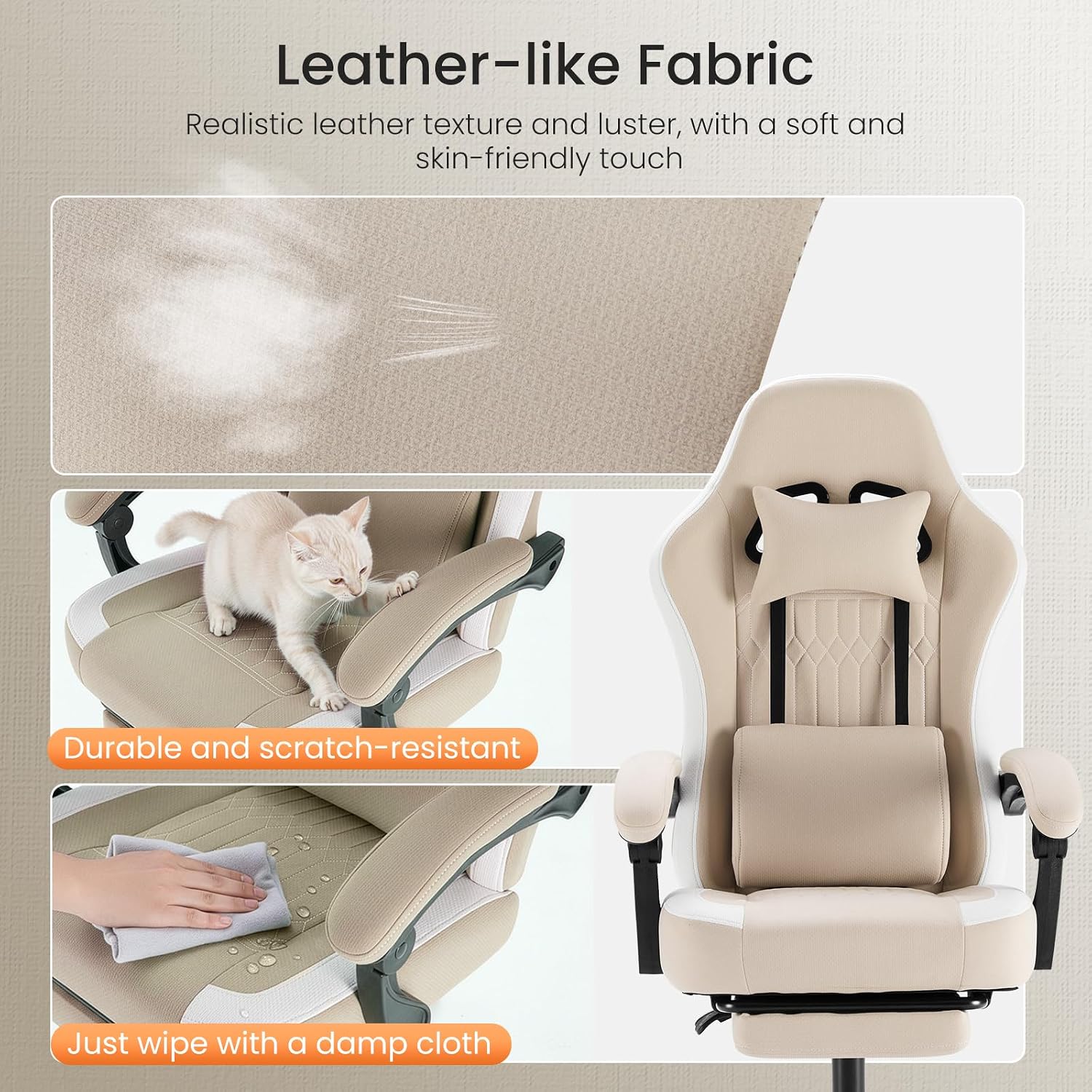NEWBULIG Gaming Desk Chair - High Back Computer Office Chair with Footrest and Headrest, Comfy Ergonomic Lumbar Support with Linkage Armrests, Height Adjustable and 360° Swivel Wheels, Khaki