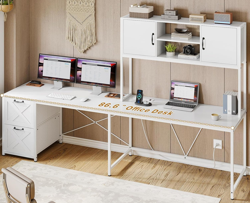 SEDETA White L Shaped Office Desk, Farmhouse Home Office Desk with Fabric File Drawers and Power Outlet, Corner Gaming Desk with LED Lights, Hutch and Storage Shelves