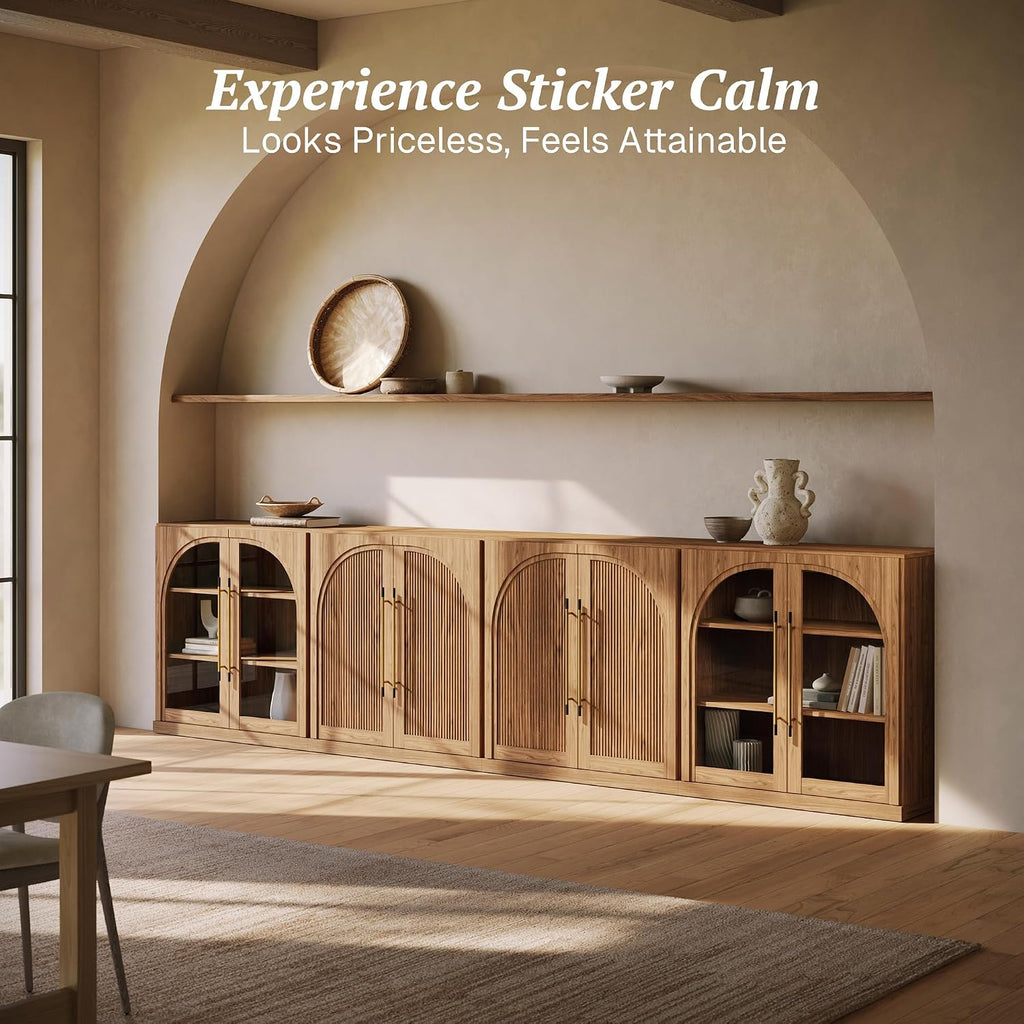 BELLEZE 4-Piece Modular Buffet Cabinet Freely Configurable, Classic Modern 2 Arched Glass Door Sideboards and 2 Double-Arc Wood Door Console Table for Dining Room Living Room Entryway - Camel