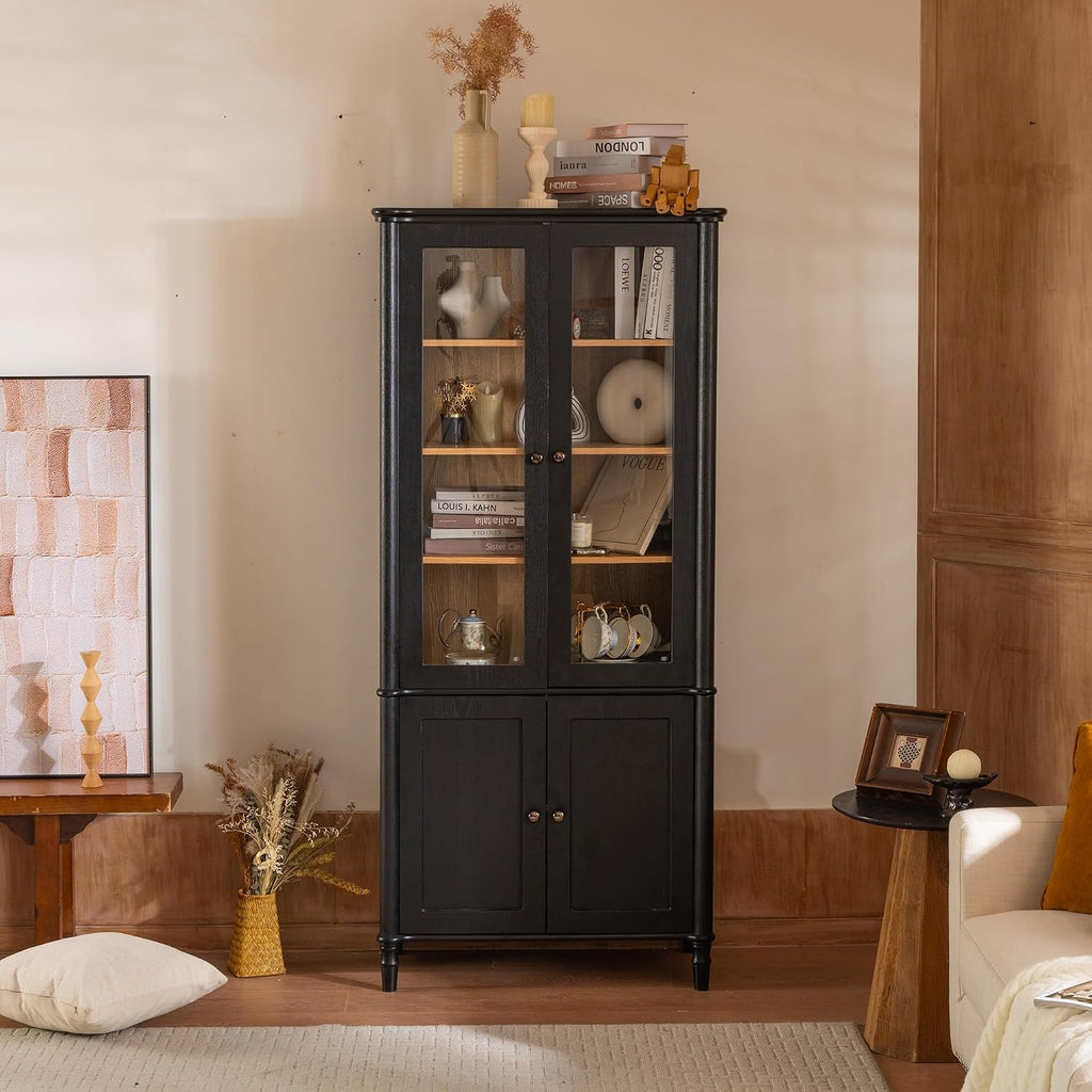 Merax 73.25''H Vintage Display Cabinet with Storage, Mid-Century Modern Pantry Cabinet with Glass Doors, Curio Cabinet for Hallways, Livingroom Kitchen & Office,Black