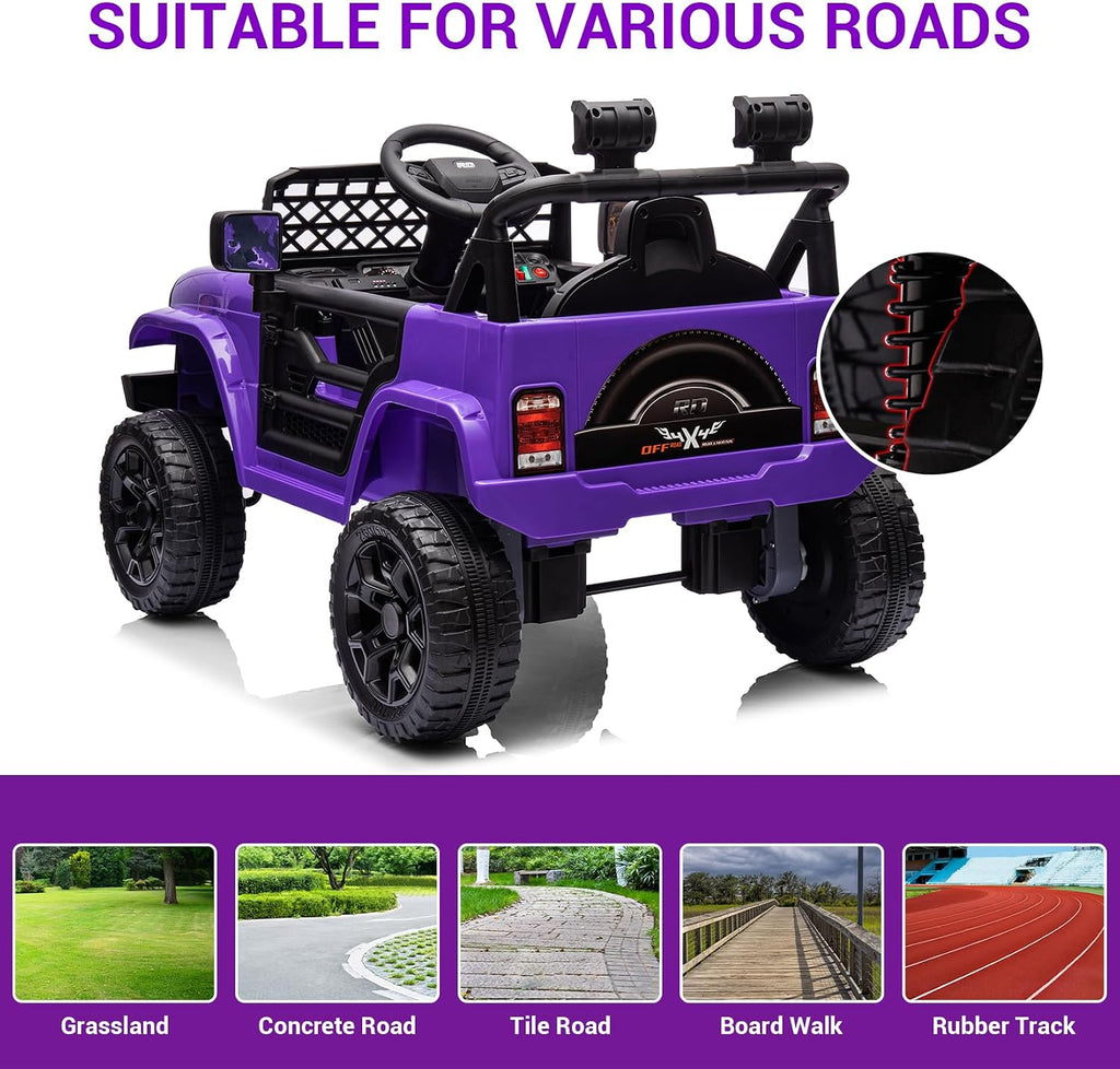 12V Ride On Car for Kids Electric Vehicle Toddlers Battery Powered Truck Car Toy with Remote Control, 4-Wheel Suspension, Battery Display, LED Lights, Music, for Boys Girls, Purple