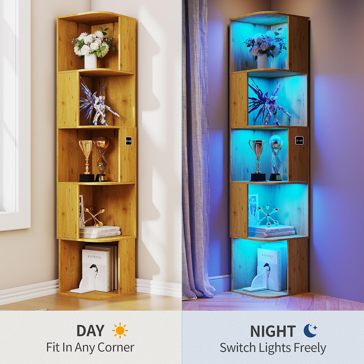 5 Shelf Bookcase - Corner Bookshelf with 3 Colors LED Sensor Lights Modern Cube Storage Organizer for Lego Books Living Room Study Bedroom - Ideal Gift (Wood)
