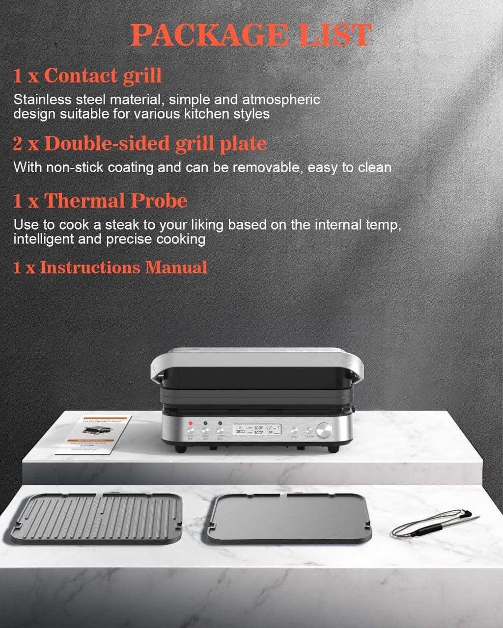 CATTLEMAN Panini Press Grill Sandwich Maker with Removable Plates, 1600W, 5 in 1 Smokeless Indoor Grill & Griddle with Meat Thermometer, Electric Contact Grills for Kitchen, Stainless Steel
