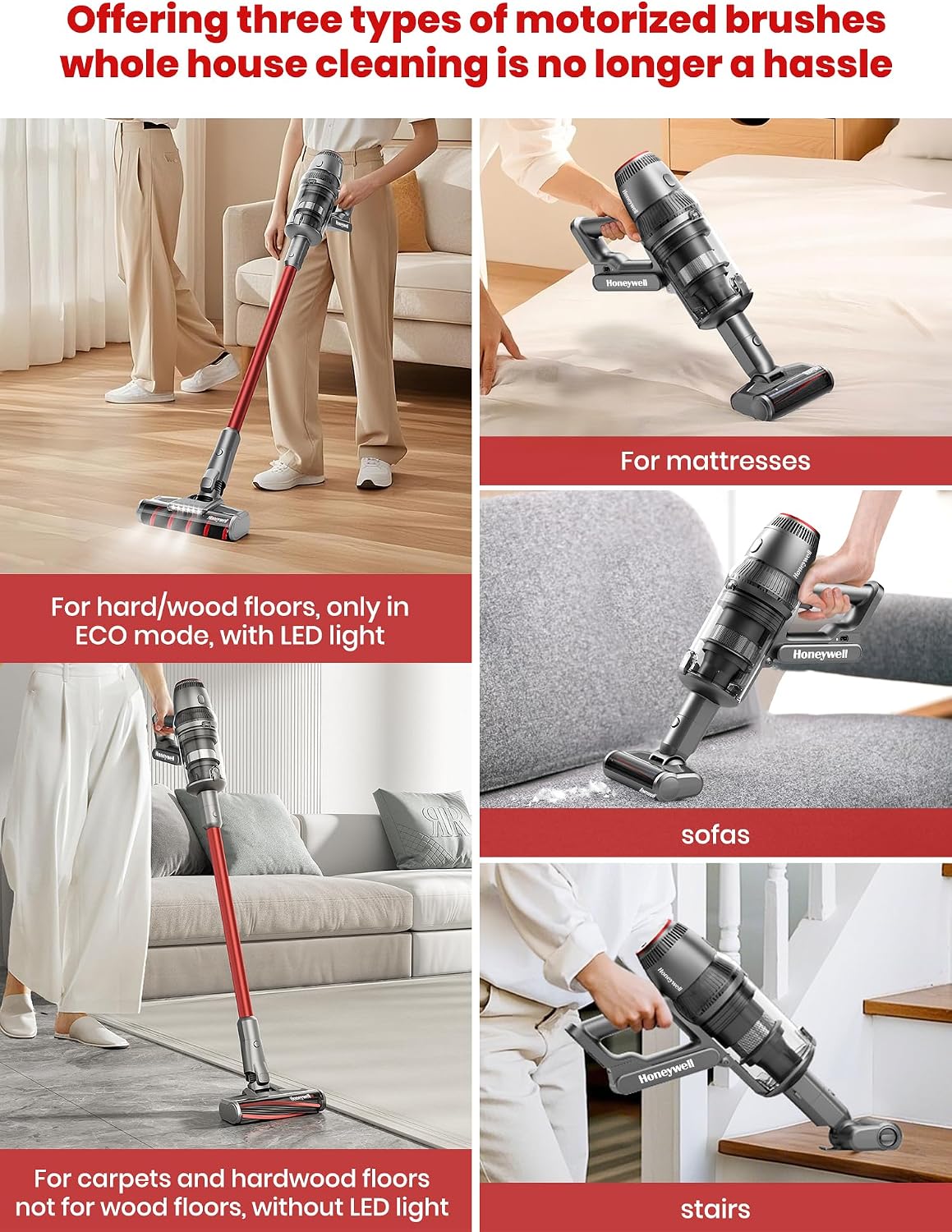 Honeywell Smart Cordless Vacuum Cleaner w/Automatic Adjustment, 10-in-1 Lightweight Stick with 3000mAh Battery 70Mins Runtime, Rechargeable Vacuum for Pet Hair/Carpet/All Floor, VC14, Graphite/Red