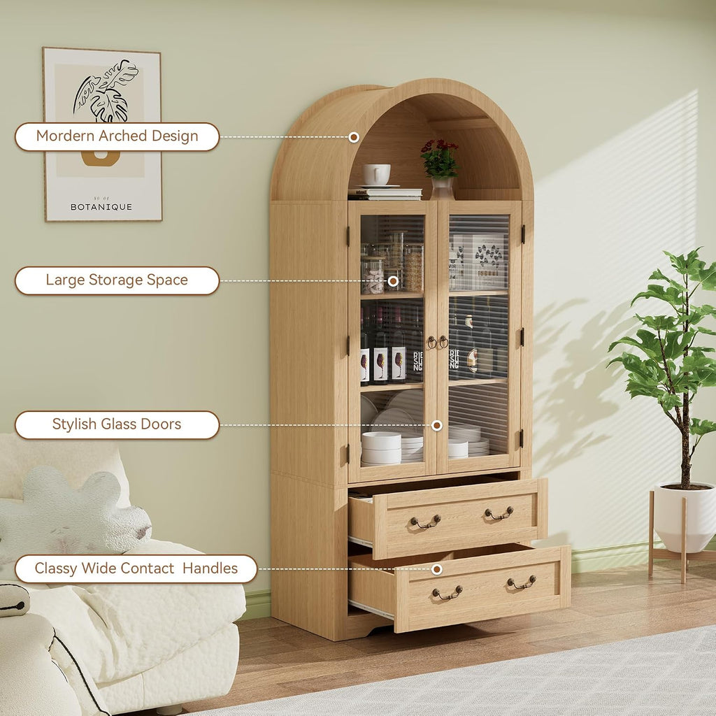 71' Tall Arched Kitchen Pantry Cabinet, Farmhouse Modern Wood Arched Cabinets with Glass Doors & 2 Large Drawers, Perfect for Kitchen, Dining Room, Living Room, Natrual