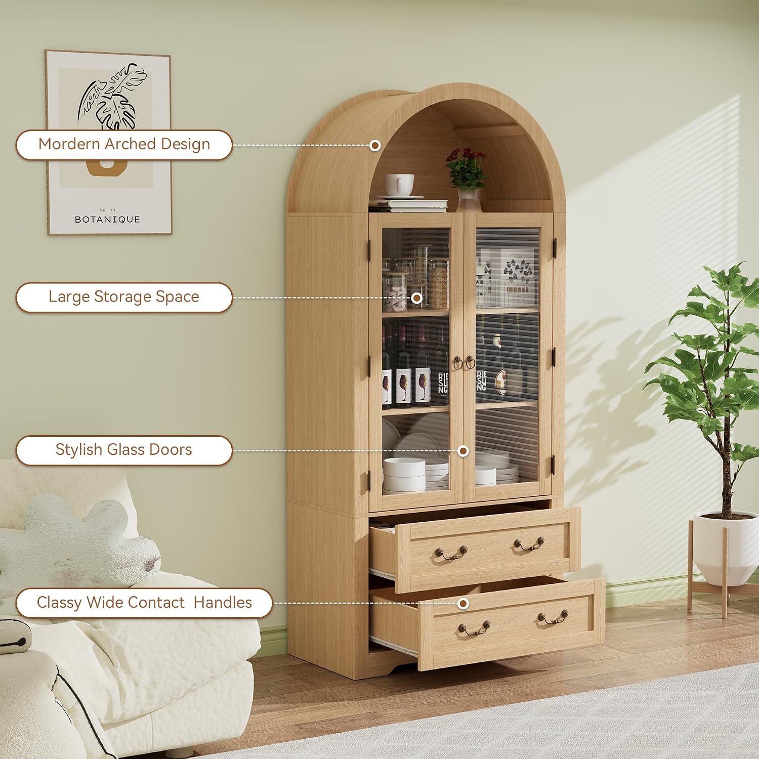 71' Tall Arched Kitchen Pantry Cabinet, Farmhouse Modern Wood Arched Cabinets with Glass Doors & 2 Large Drawers, Perfect for Kitchen, Dining Room, Living Room, Natrual