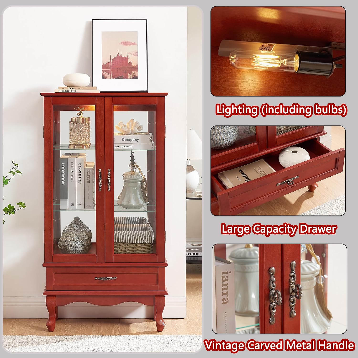 49' H Lighted Curio Display Cabinet with 2 Glass Doors & 1 Drawer, Wooden Curio Showcase w/Adjustable Shelves & Mirrored Back Panel, Wine Storage Cabinet Display Case for Living Room (Cherry)