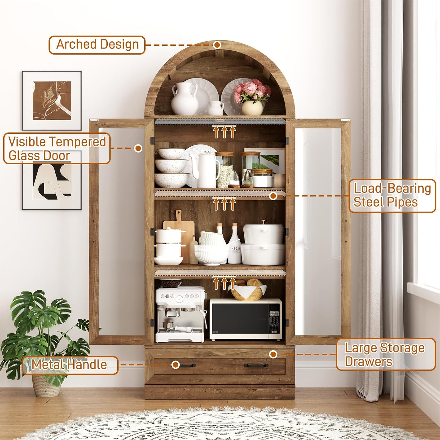 75' Tall Arched Kitchen Pantry Cabinet w Load-Bearing Steel Pipe,Modern Farmhouse Kitchens Storage Cabinet with Drawer and Glass Doors,Tall Arched Bookcase,Pantry Organizer for Living Room(Natural)