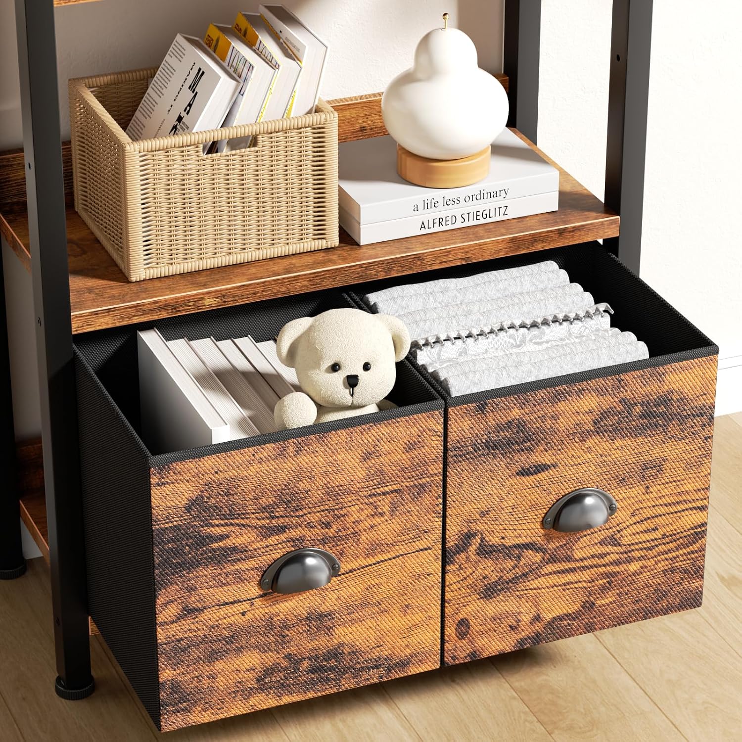 Furologee 5-Tier Bookshelf Set of 2,Tall Bookcase with 2 Drawers and Shelves, Industrial Display Free Standing Shelf Units, Storage Rack Organizer for Bedroom, Living Room, Home Office, Rustic Brown