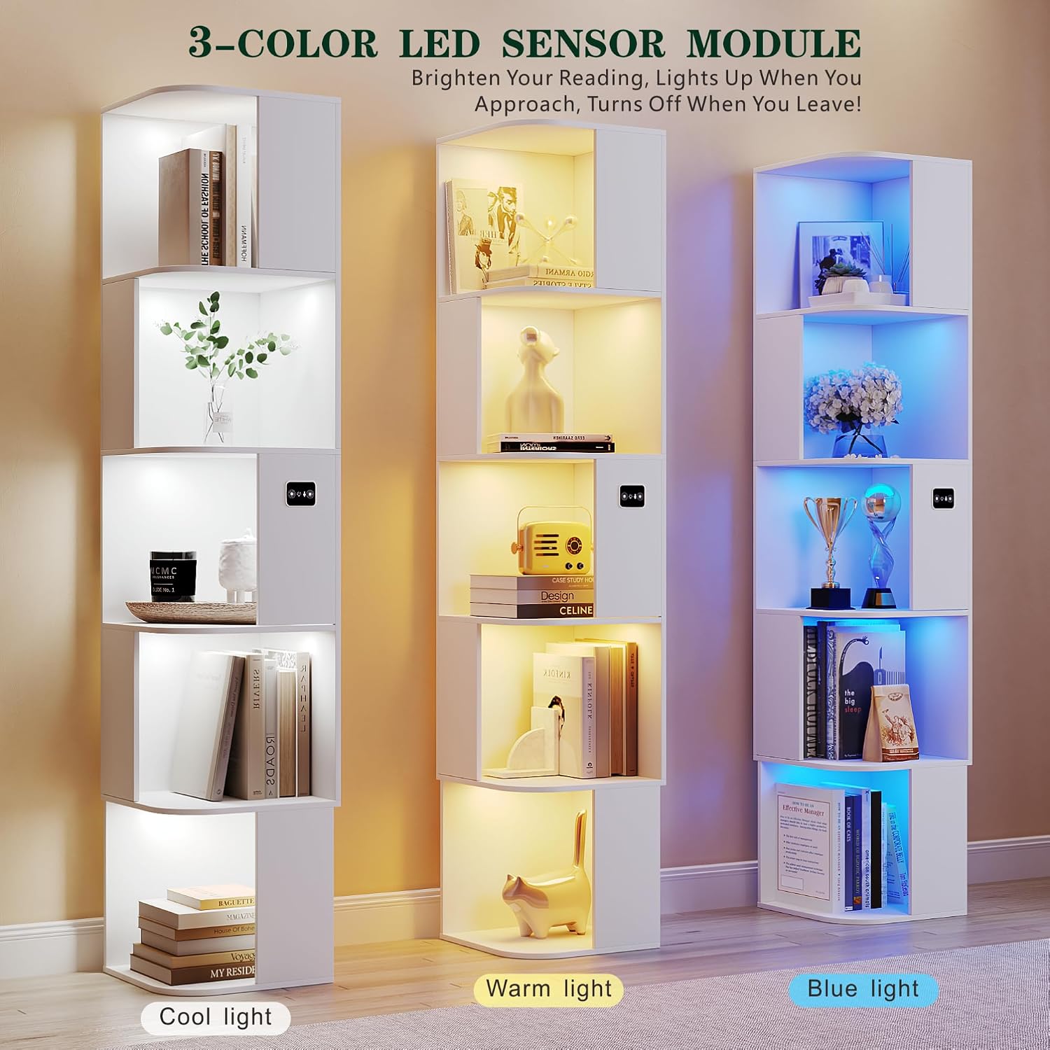 5 Shelf Bookcase - Corner Bookshelf with 3 Colors LED Sensor Lights Modern Cube Storage Organizer for Lego Books Living Room Study Bedroom - Ideal Gift (White)