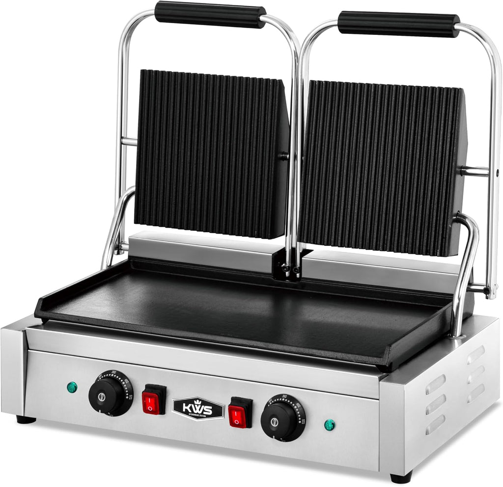 KWS PFM-23 3400W Electric Panini Press Maker with Grooved Top & Smooth Bottom Sandwich Toasting Grill – 19″ X 9″ Cooking Surface