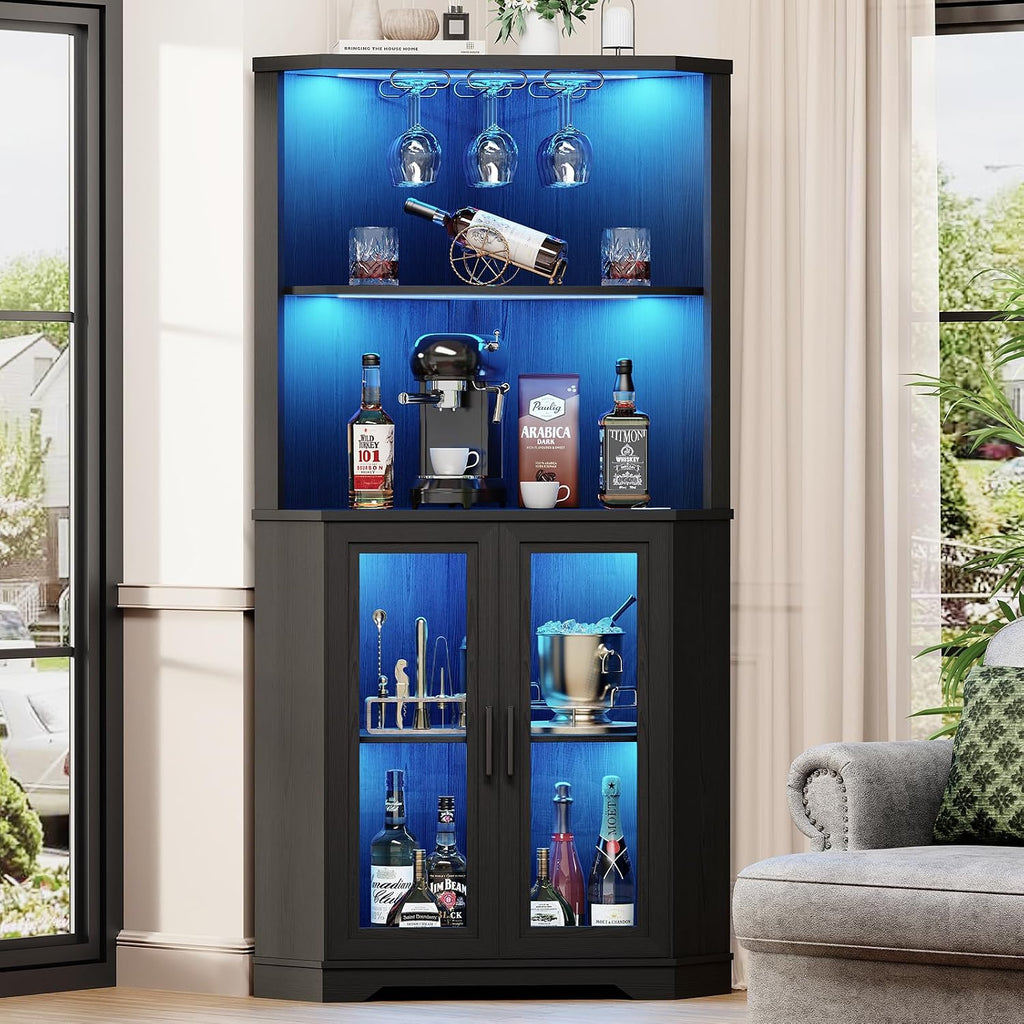 Corner Bar Cabinet with LED Lights, 65' Tall Wine Cabinet with Glass Holder & Tempered Glass Door, 4-Tier Liquor Alcohol Cabinet & Coffee Bar with Human Body Sensor for Dining Room, Black