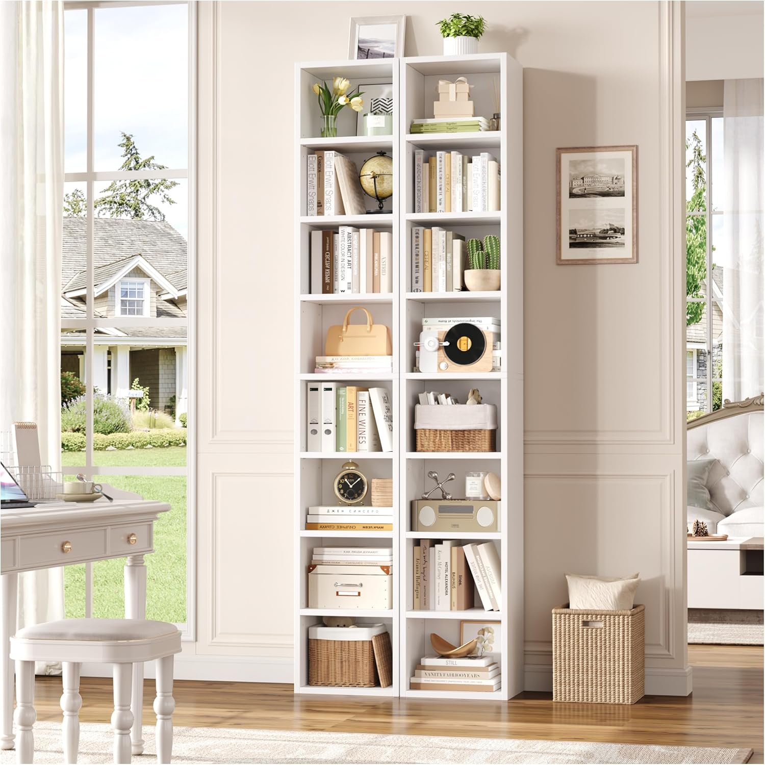 FOTOSOK 2 Pcs 71'' Tall Narrow Bookshelf, 8-Tier Media Tower Rack Set of 2, CD DVD Storage Cabinet with Adjustable Shelves, Tall Narrow Bookcase Skinny Display Bookshelf Slim Shelf, White