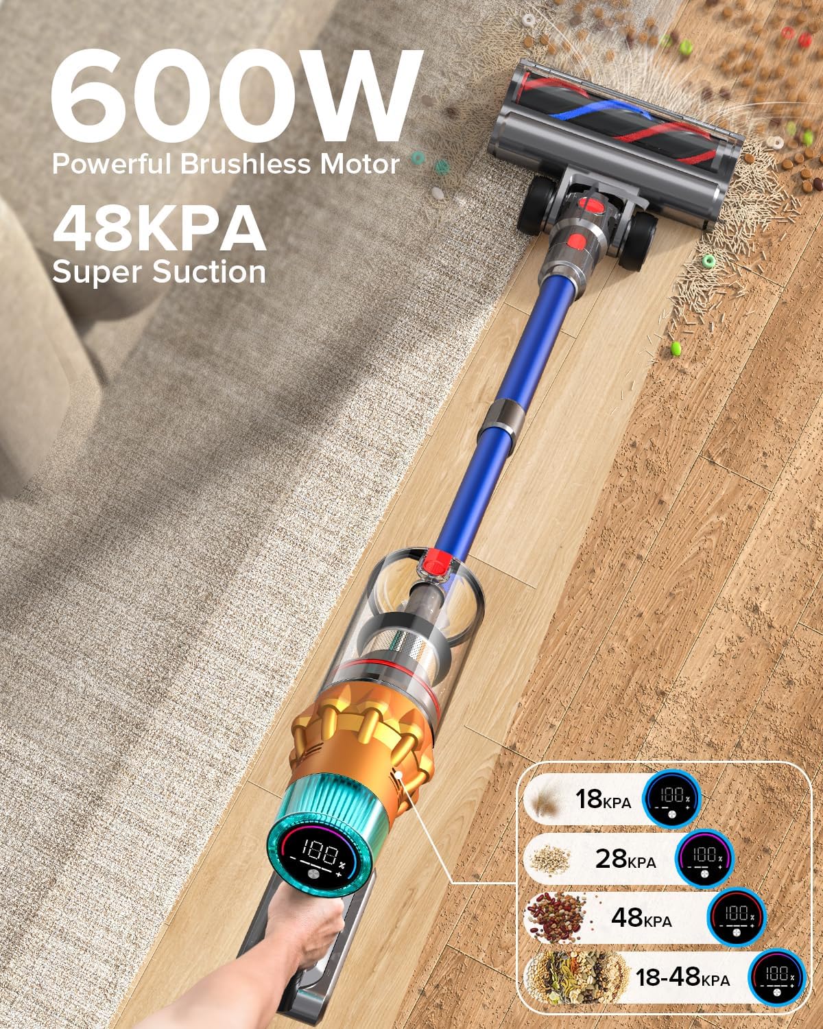 REBANIC S8 Cordless Vacuum Cleaner, 600W 48Kpa Up to 65mins Stick Vacuum Rechargeable, Wireless Lightweight Handheld Vacuum Cleaners for Home Pet Hair Carpet Hardwood Floor Car