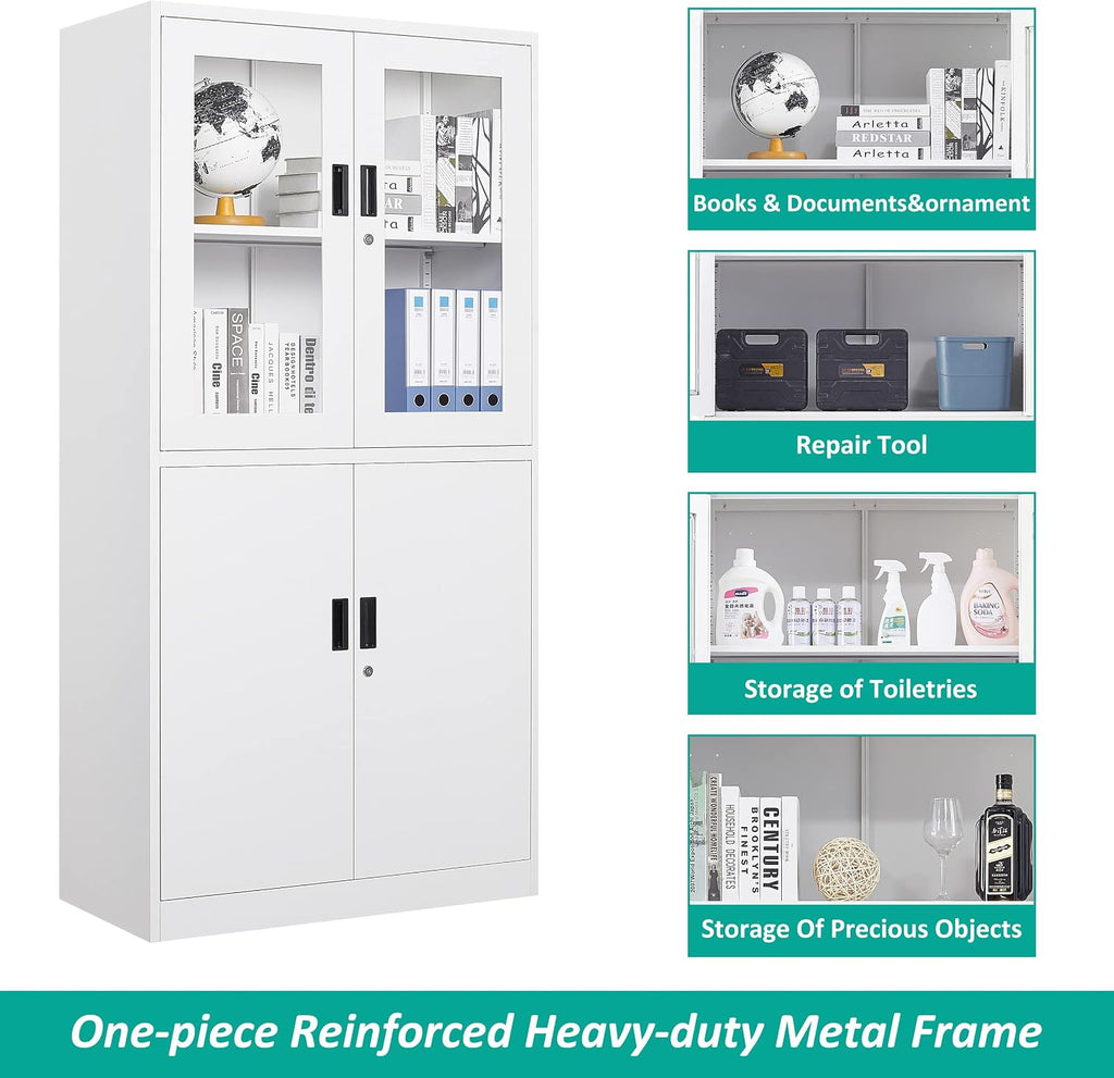 SISESOL Storage Cabinet with Glass Doors and Shelves, Freestanding Kitchen Pantry Cabinet for Home, Office, Bathroom
