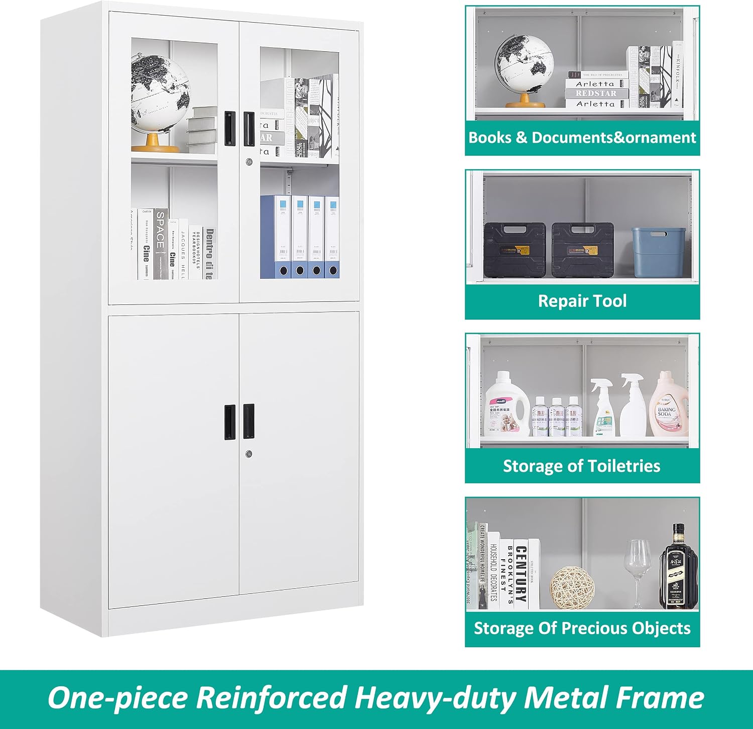 SISESOL Storage Cabinet with Glass Doors and Shelves, Freestanding Kitchen Pantry Cabinet for Home, Office, Bathroom