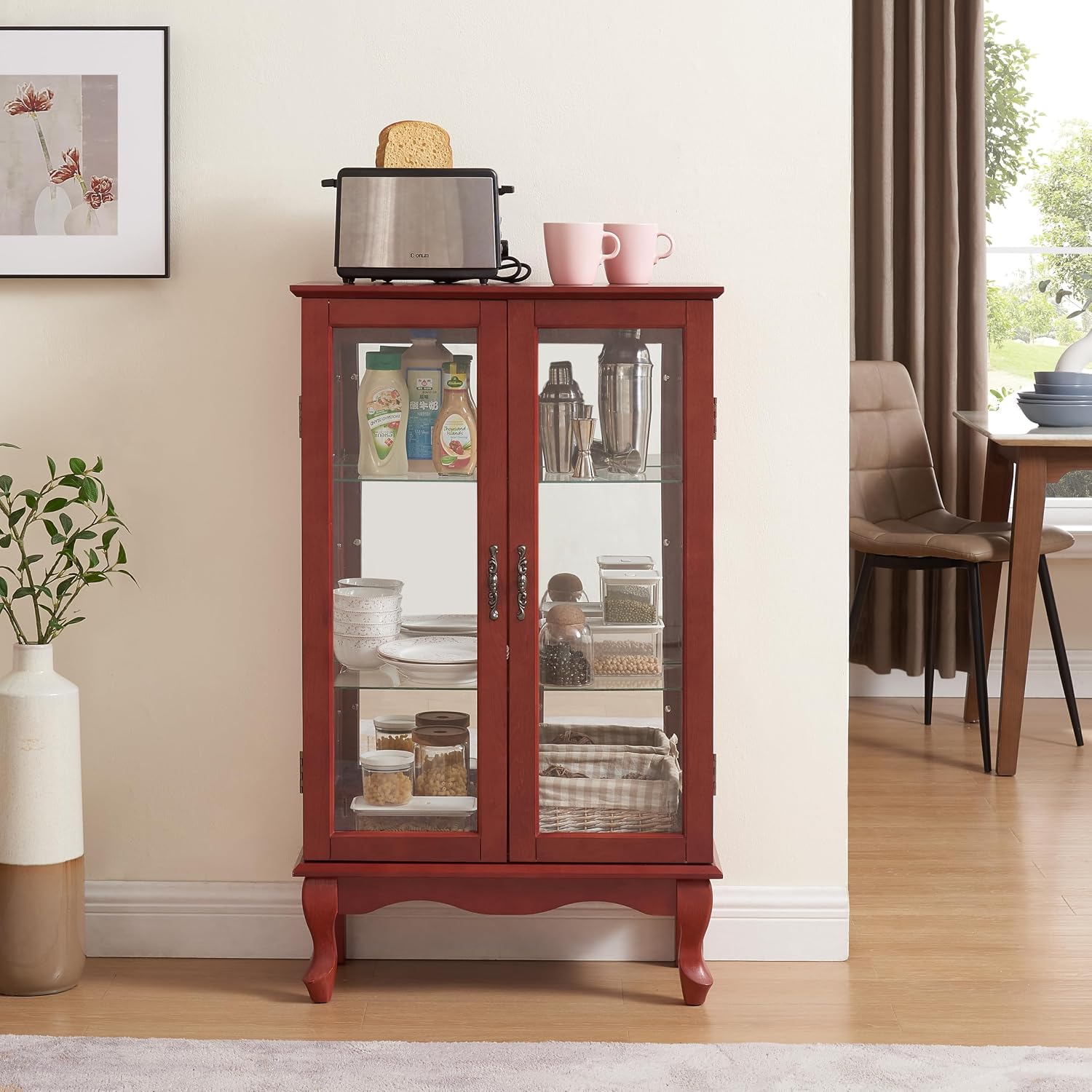 43' H Lighted Curio Cabinet Display Case with Light Bulb, Glass Curio Cabinet with Adjustable Shelves & Tempered Glass Door, Wooden Cabinets w/Mirrored Back Pane for Living Room(Cherry)