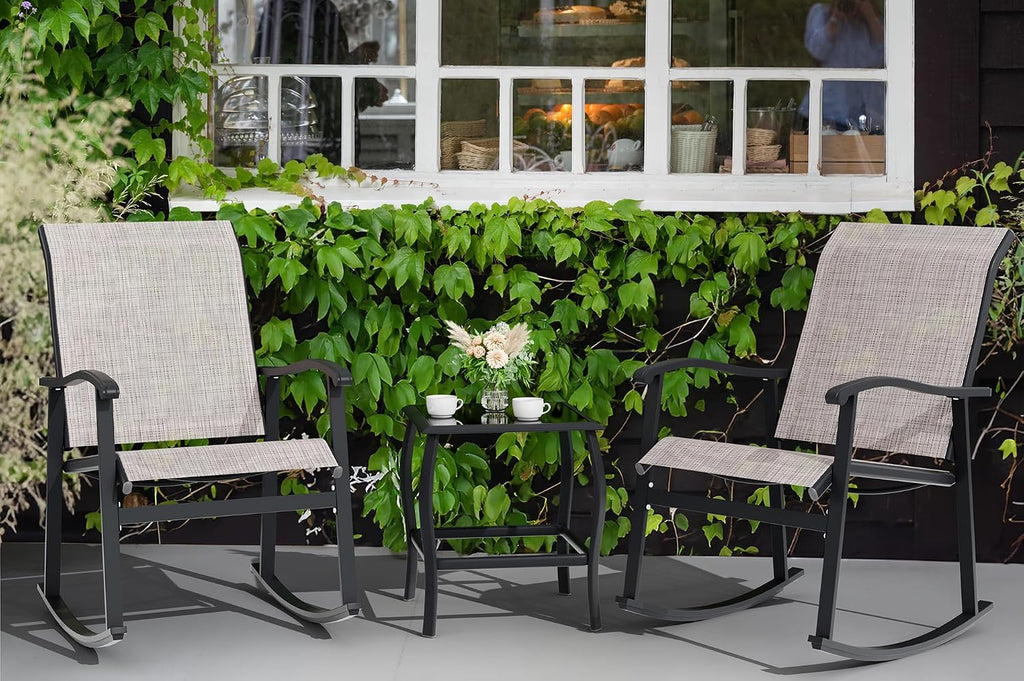 Vongrasig 3 Piece Outdoor Rocking Bistro Set, Textilene Fabric Small Patio Furniture Set, Front Porch Rocker Chairs Conversation Set with Glass Table for Lawn, Garden, Balcony, Poolside (Taupe)