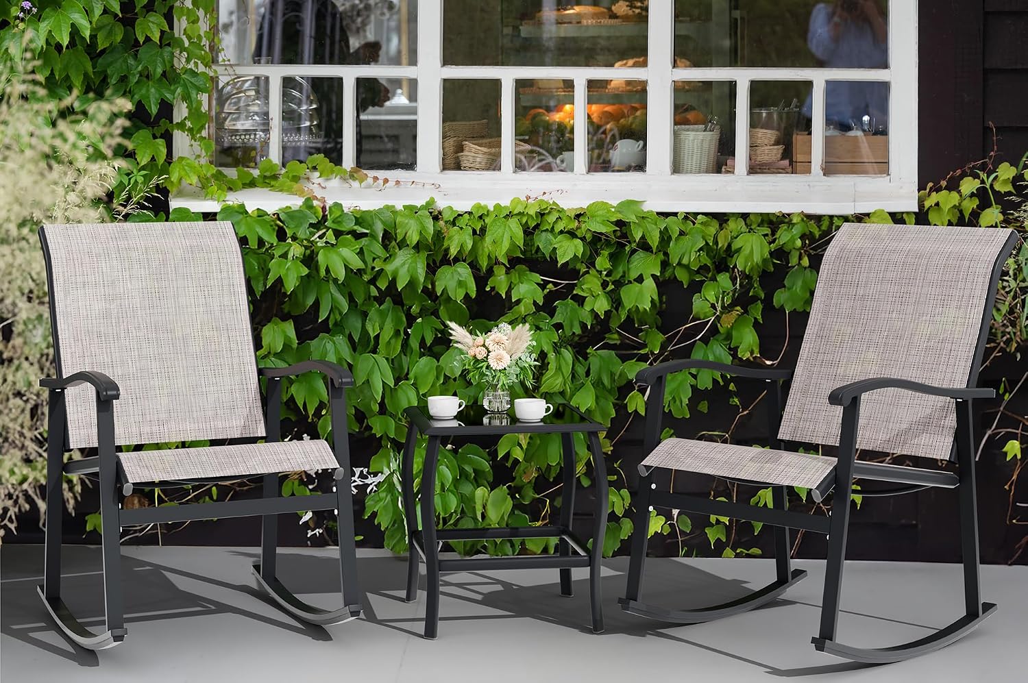 Vongrasig 3 Piece Outdoor Rocking Bistro Set, Textilene Fabric Small Patio Furniture Set, Front Porch Rocker Chairs Conversation Set with Glass Table for Lawn, Garden, Balcony, Poolside (Taupe)
