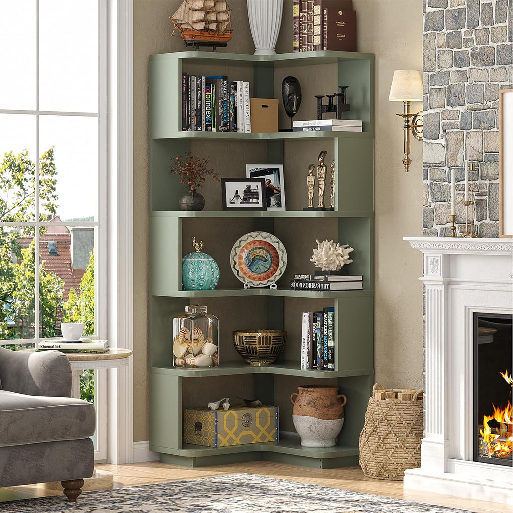 Armocity Corner Book Shelf - 6 Tier Corner Bookshelf Etagere Bookcase with Baffle, Freestanding L Shaped Display Shelf Stand for Home Office, Living Room, Bedroom, Kitchen, Crab Green