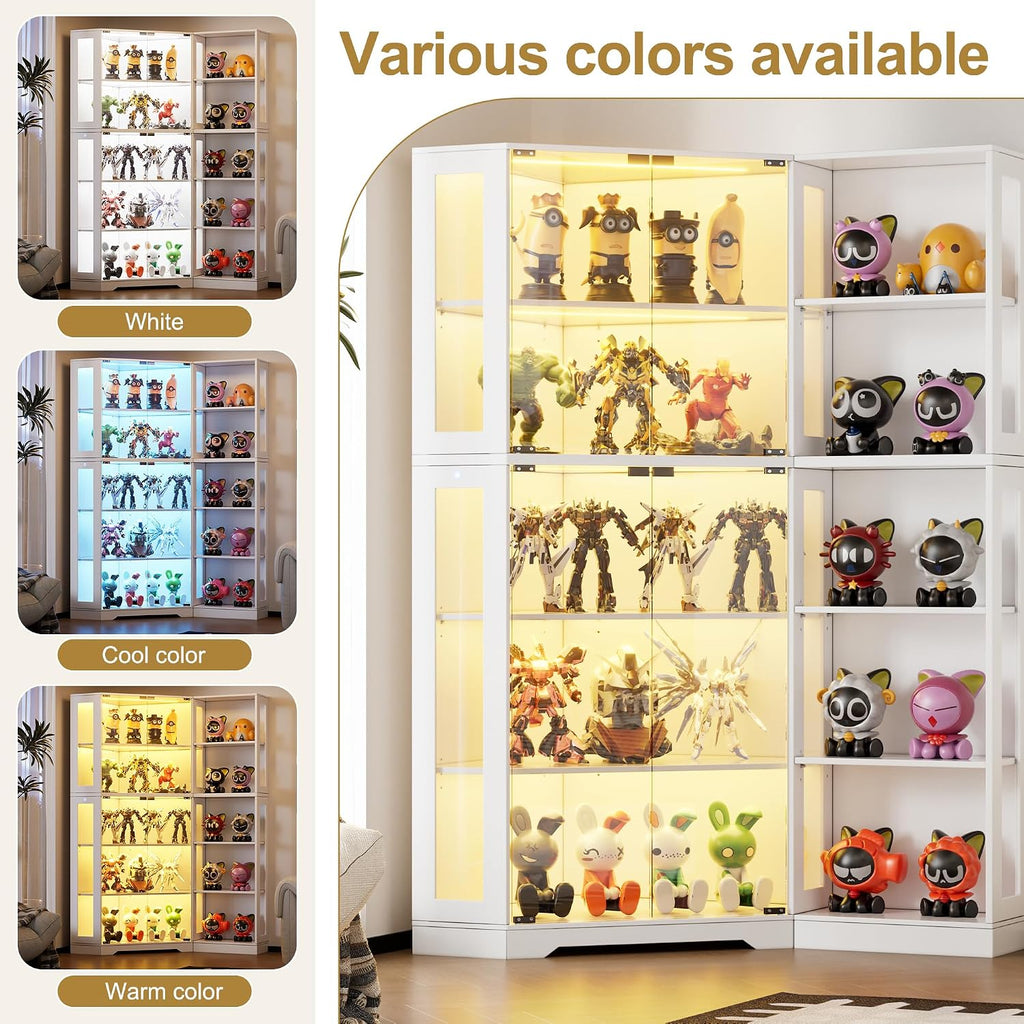 PAKASEPT Corner Display Curio Cabinet with Glass Doors, Glass Display Case with LED Lights for Collectibles,Display Storage Shelves for Living Room,White