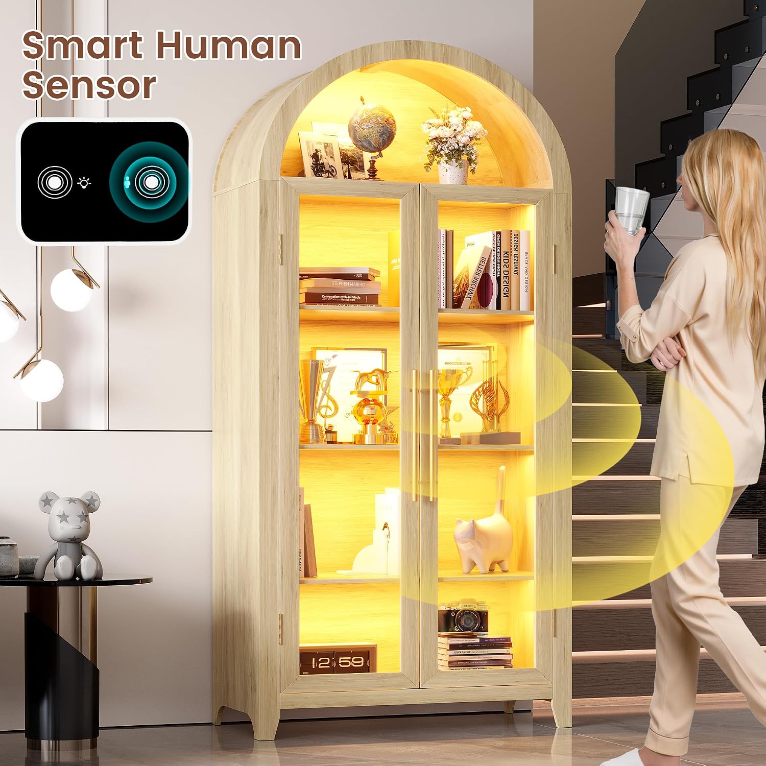 Vlsrka 71' Arched Kitchen Pantry Storage Cabinet with Glass Doors, 5-Tier Display Cabinet for Collectibles, Tall Bookcase with LED Light & Human Sensor, Curio Cabinet with Adjustable Shelf