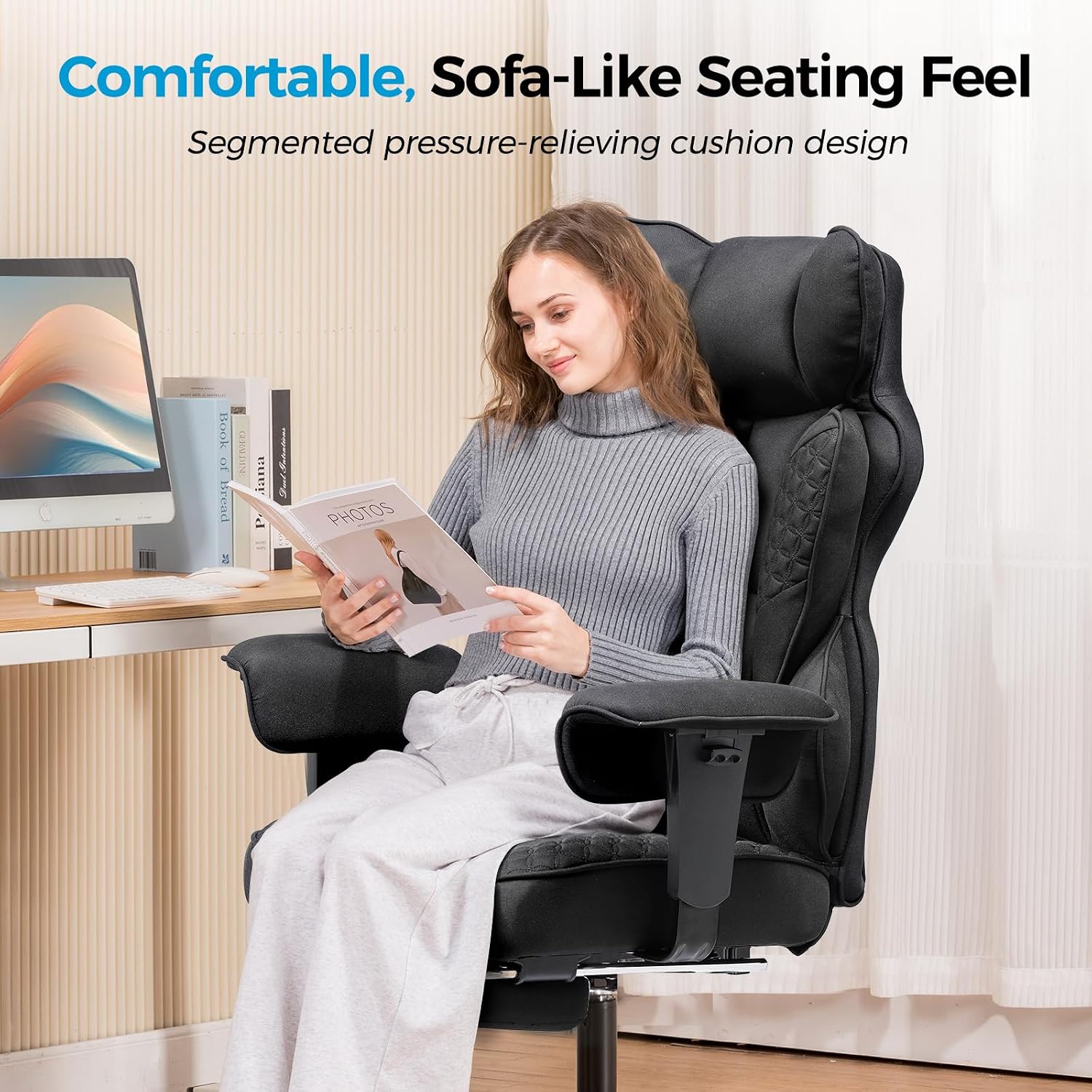 COMHOMA Big and Tall Office Chair Heavy Duty Wide Ergonomic Fabric Deluxe Embossing Designed Gaming Chair with Foot Rest,150°Reclining Adjustable Armrests Pocket Spring Back Support and Pillow