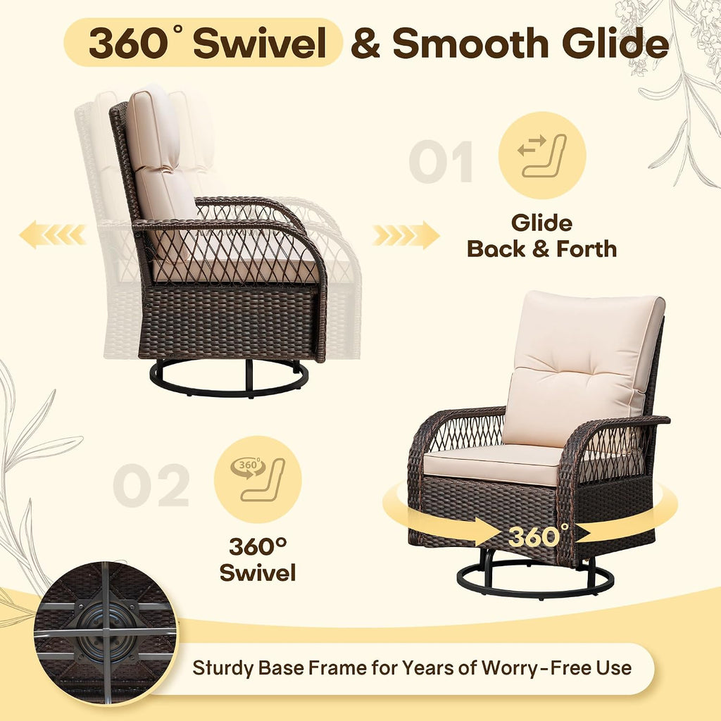 Devoko Patio Furniture Set Outdoor 3 Pieces Wicker Swivel Rocking Chairs Set of 2 with Coffee Table, Patio Conversation Set for Porch, Balcony, Deck, Garden (Brown)