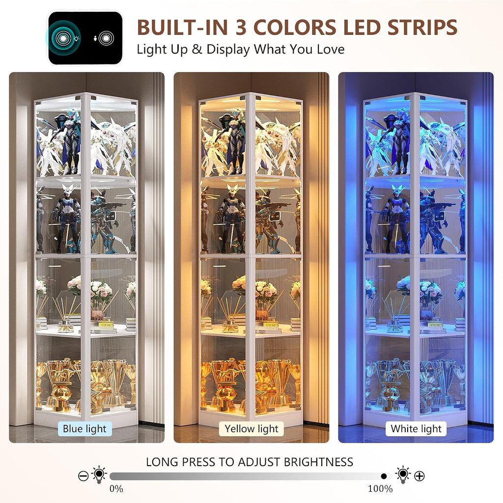 Corner Display Cabinet with Glass Doors, 4 Tier Corner Shelf with LED Lights, 68' Display Case for Collectibles, Toys, Books, Curio Storage Cabinet, White